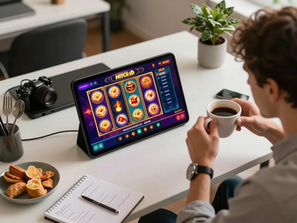 Player enjoying Hitclub online casino on smartphone in a modern home setting, showcasing engaging gameplay.