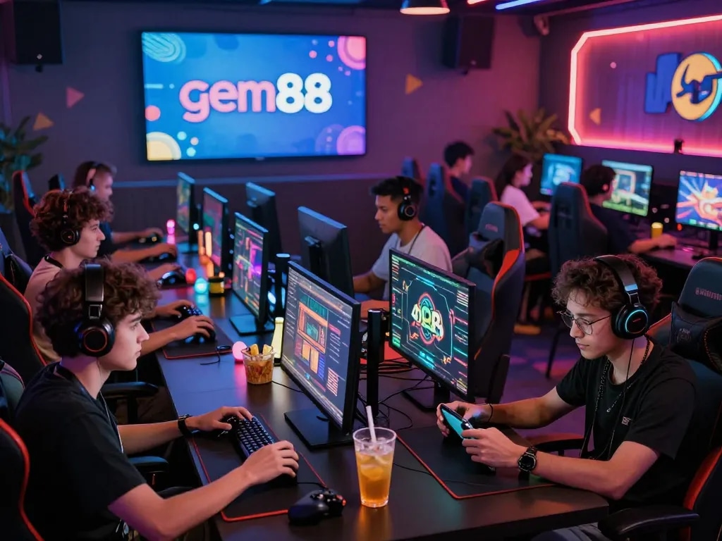 Players enjoying a lively gaming night with the gem88 logo prominently displayed, showcasing a vibrant online gaming community.