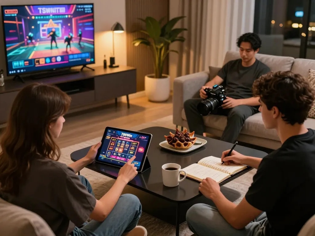 Engaging home gaming scene with 789Win com online casino interface on tablet, showcasing responsible play