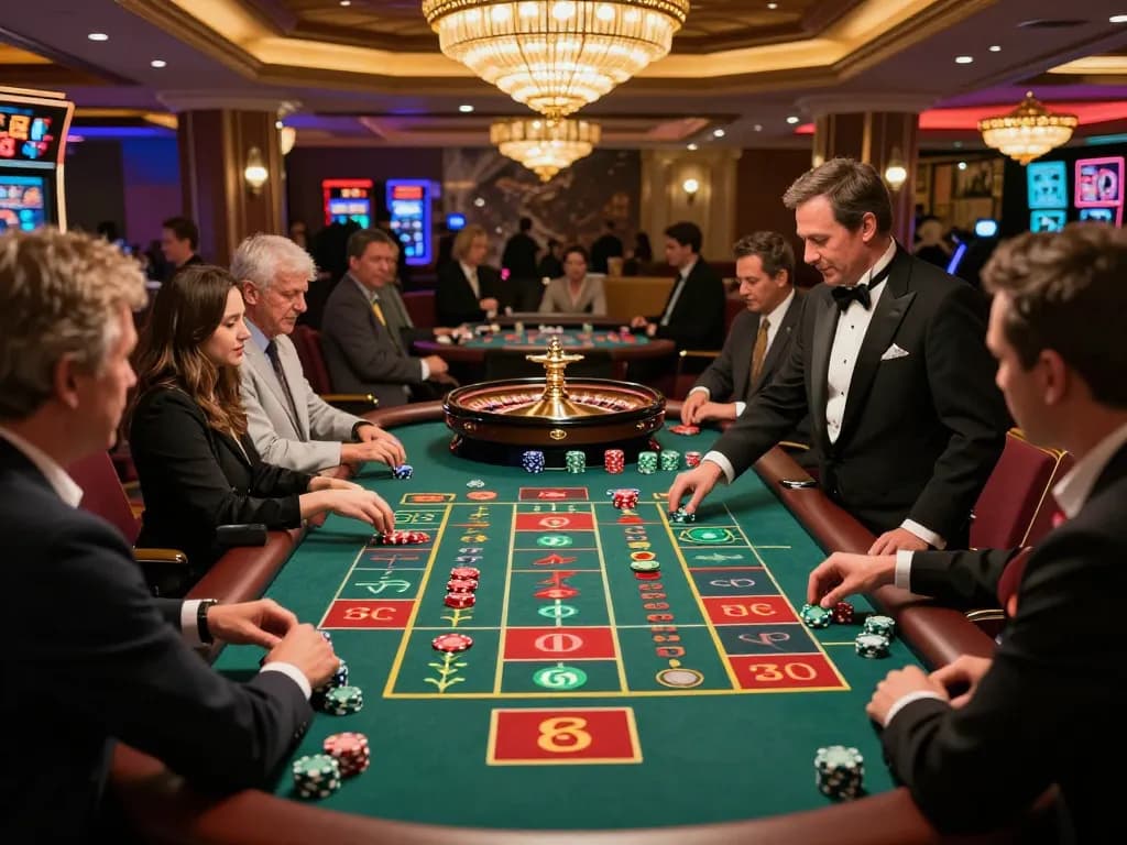 MM88 players strategizing at a roulette table during an exciting casino night.