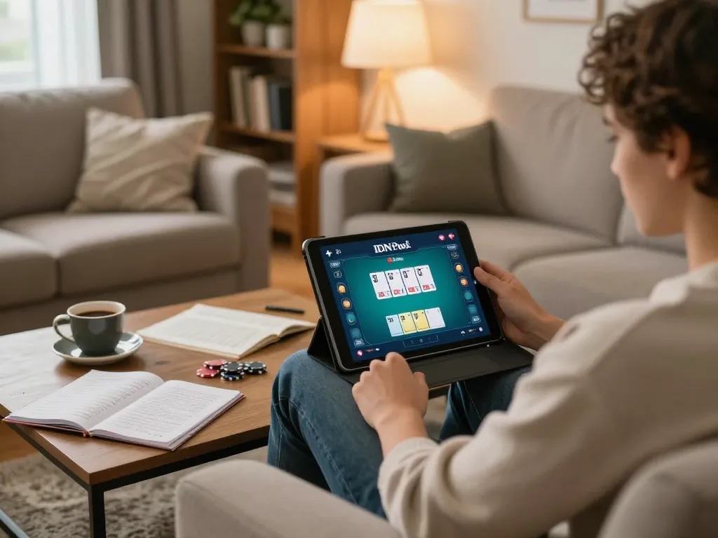 Play daftar idn poker on a tablet in a cozy home setup, showcasing strategy notes and relaxed atmosphere.
