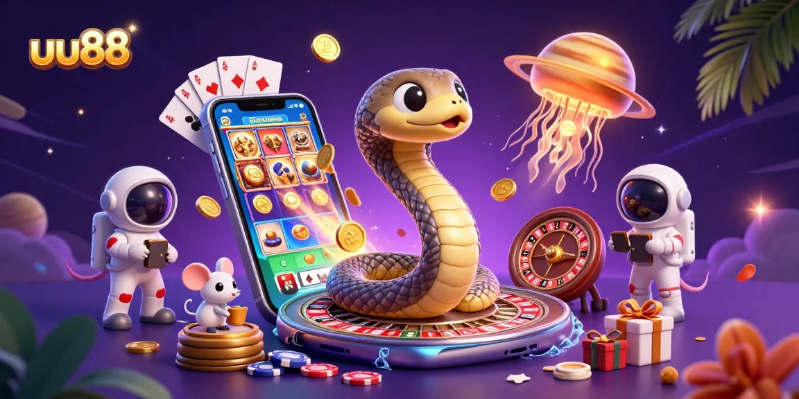 Experience uu88's vibrant cosmic casino as astronaut mice place bets under a golden jellyfish dealer.
