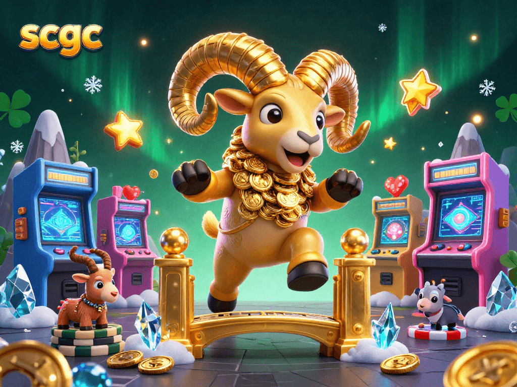 Explore the dynamic scene of scgc featuring a golden ram charging at a golden gate amidst a vibrant casino backdrop.