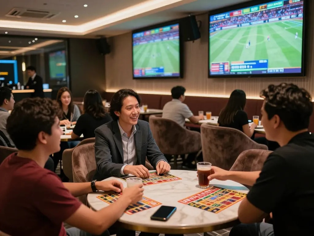 Patrons engaging in sports betting at TR88 lounge, placing bets and enjoying live events, creating a thrilling atmosphere.