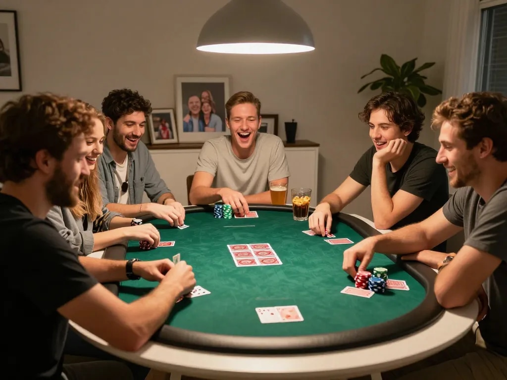 MM88 players engaging in a lively poker game surrounded by fun and strategy in a cozy home atmosphere
