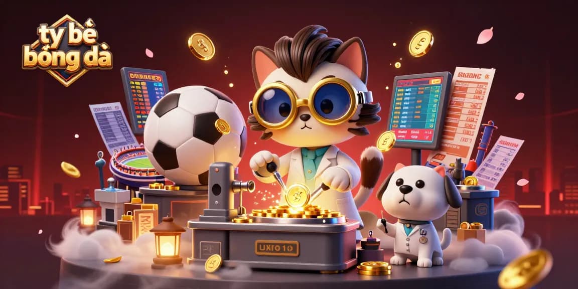 Engage in sports betting with tỷ lệ bóng đá as the mad scientist cat creates winning odds, amidst vibrant soccer motifs.