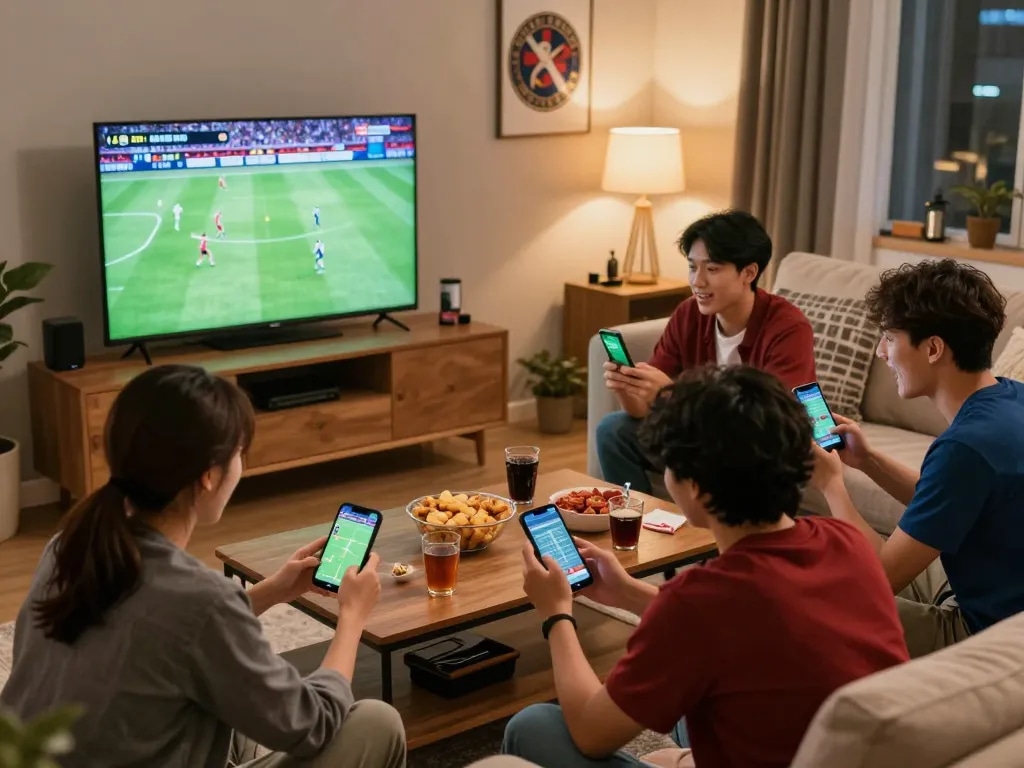 Friends placing bets on their mobile devices while watching a sports game, showcasing debet excitement in a lively home setting.