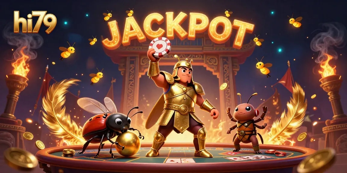 hi79 players celebrate a jackpot win in a lively casino scene featuring a hercules beetle.