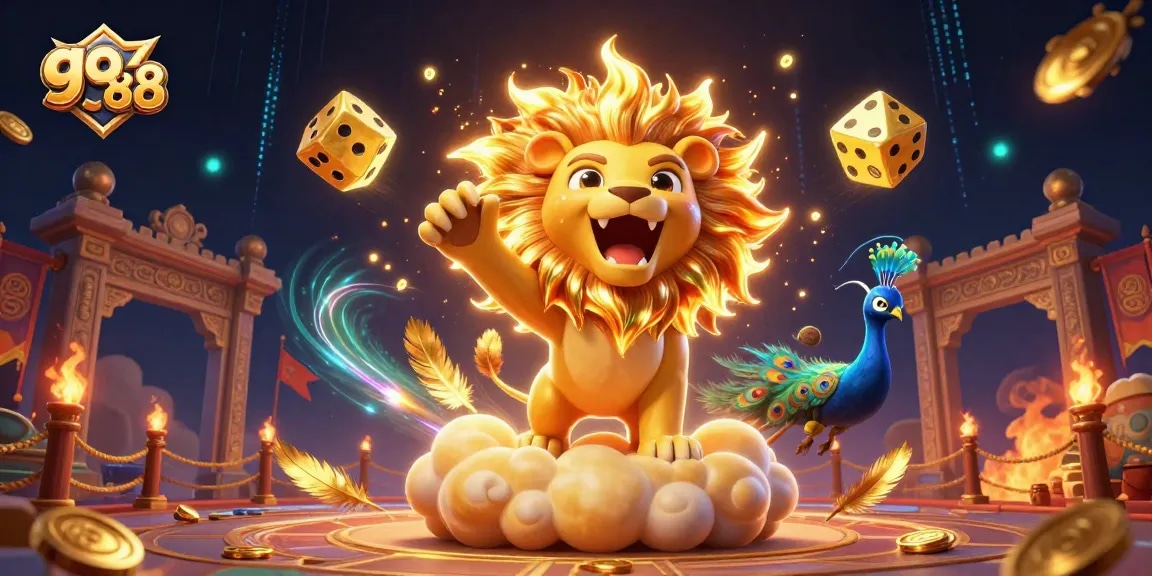 Engage with exciting go 88 gameplay as a sun lion and golden dice create a dynamic casino scene.