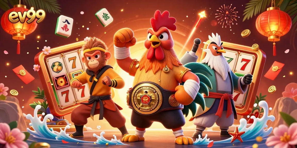 Experience the thrill of the slots with ev99, featuring a vibrant 3D casino scene full of excitement.