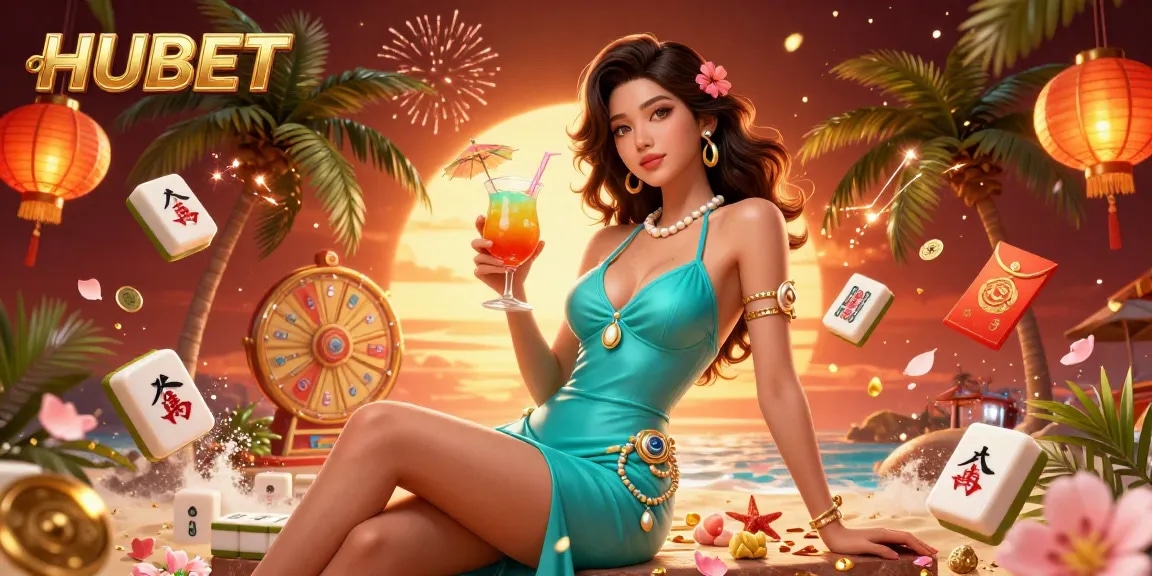 Engage with HUBET's vibrant online casino atmosphere illustrated through a glamorous character amidst dynamic gaming elements.