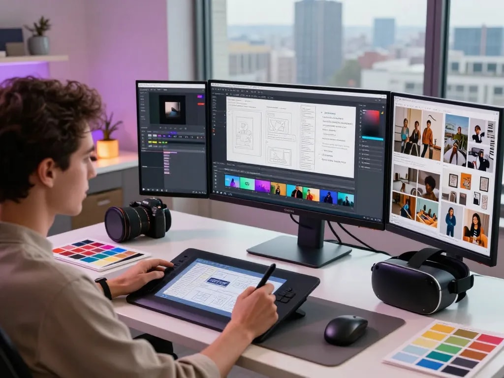 Content creator using Seedance AI for video production in a modern workspace.