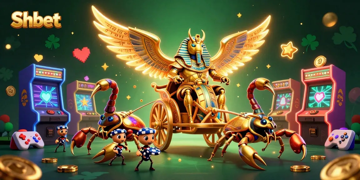 Engage with thrilling Shbet games as the golden pharaoh beetle commands an epic casino scene.