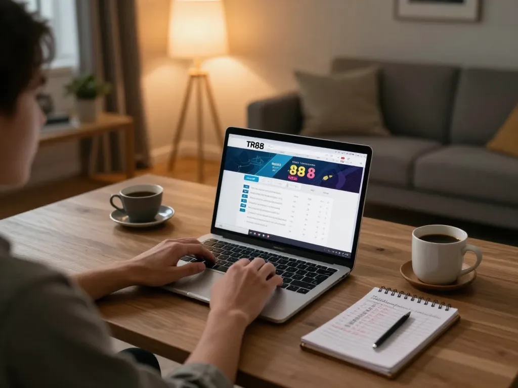 Engaged player utilizing TR88 bet platform on laptop in cozy home setup