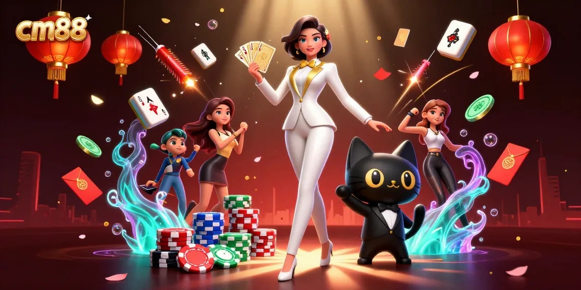Experience cm88's thrilling gaming atmosphere with shuffling cards and vibrant decorations.