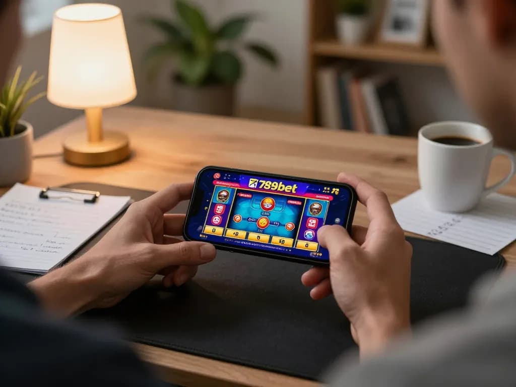 Gambler using smartphone for 789bet live dealer game, highlighting exciting engagement in a cozy setting.