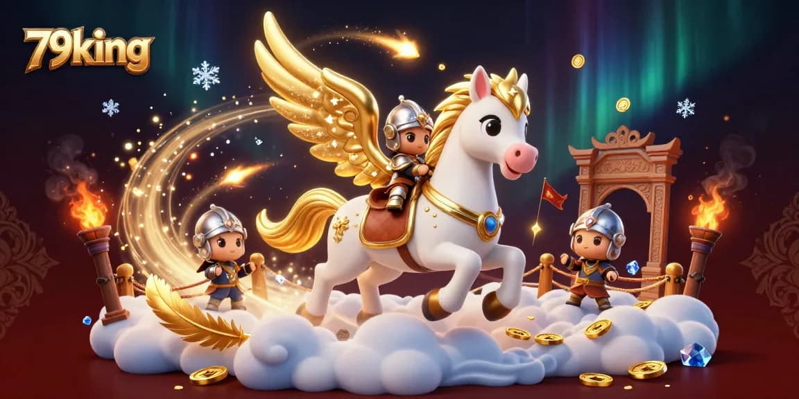 Spin the reels with 79king's immersive casino gameplay featuring a celestial knight and golden horse.