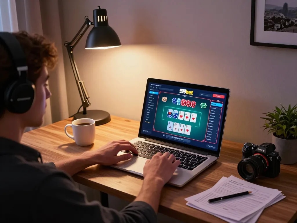 Player enjoying a dynamic online poker game on 999bet at home, chips and cards visible