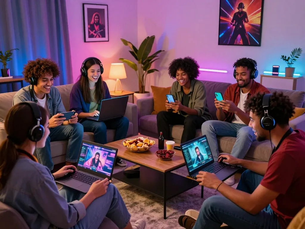 Group enjoying interactive porn games in a vibrant living room atmosphere.