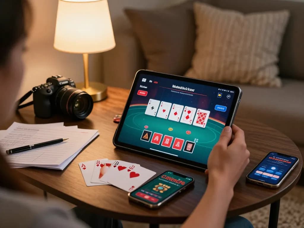 Engaging online poker gameplay on a tablet, showcasing lucky88z in a cozy home setting.