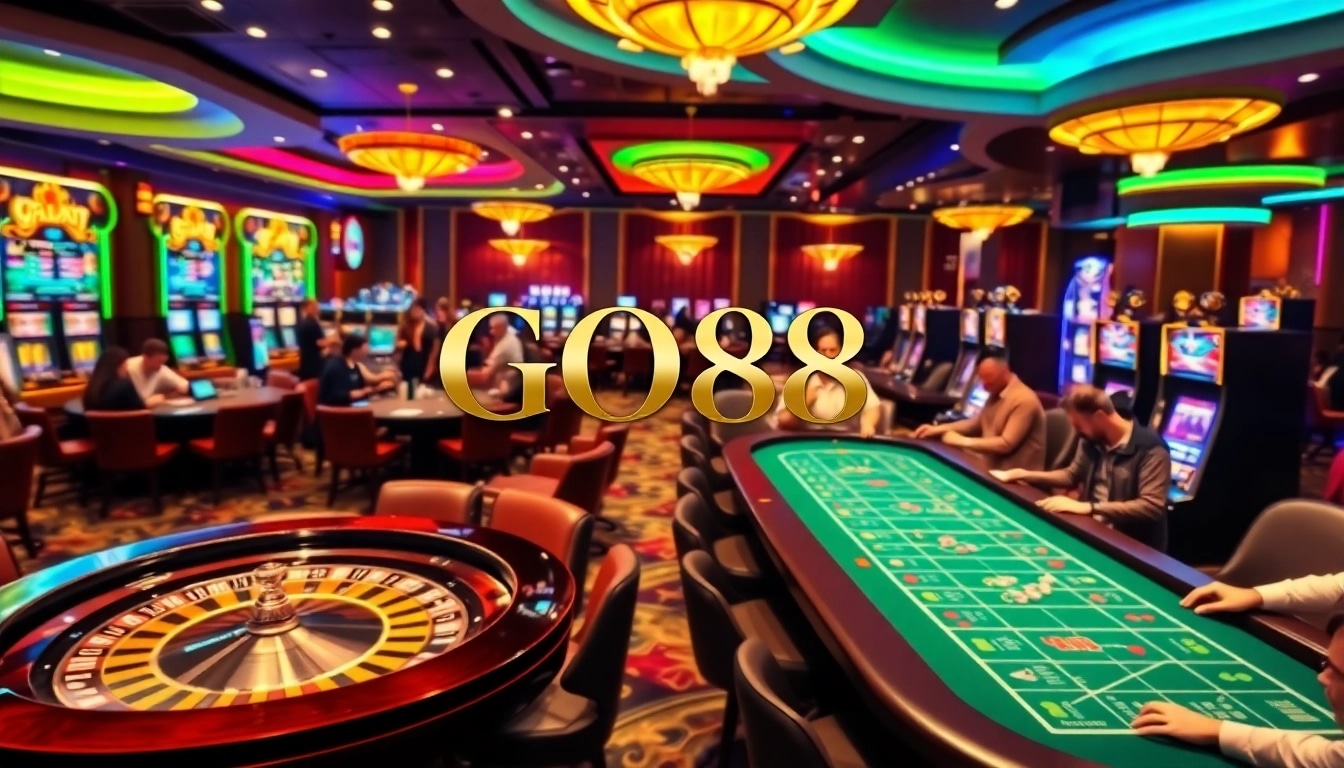 Players enjoying casino games with GO88 branding prominently featured in a vibrant scene.