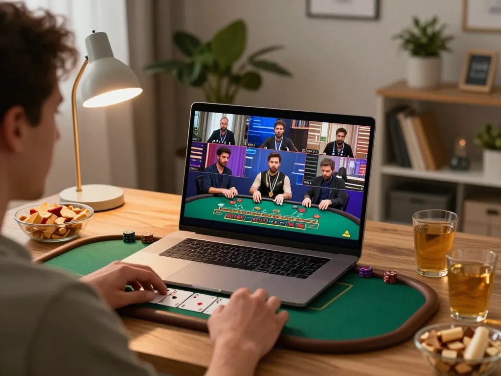 Player enjoying jun 88 live blackjack on laptop in a cozy home setting, showcasing online gaming excitement.