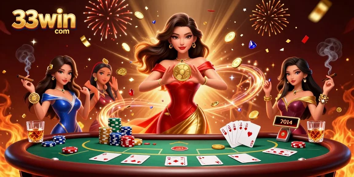 Engage with thrilling games at 33win com, featuring a stunning illustration of a woman celebrating winnings with coins and poker elements.