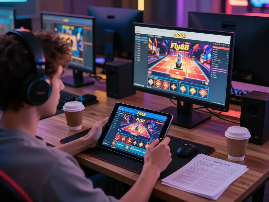 Engaging online gaming experience with Fly88 interface on tablet and strategic notes.