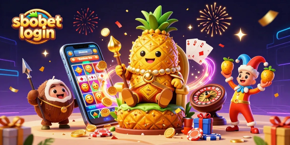 Engage with sbobet login in this vibrant casino scene featuring a pineapple king and dynamic gaming elements.