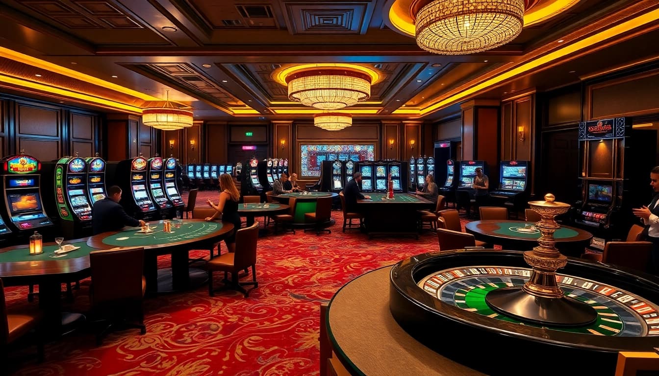 Engaged players enjoying high-stakes poker at a stylish no hu casino, colorful chips in hand.