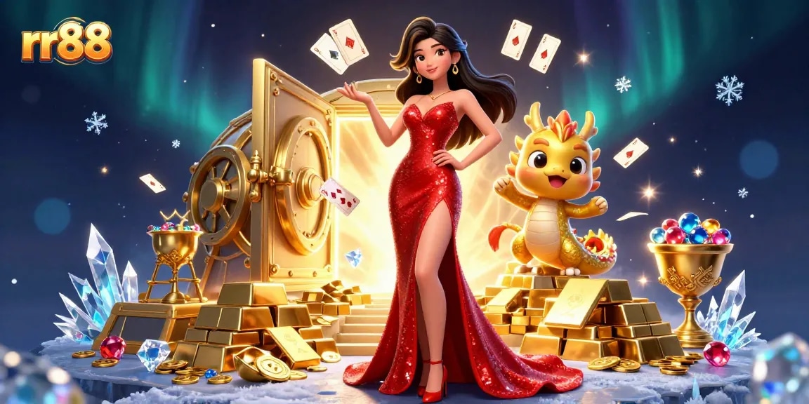 Engage with rr88 in a vibrant 3D casino scene featuring captivating games and treasures.