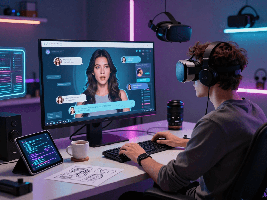 Engaging AI chat porn scene depicting a user interacting with an advanced AI chat interface in a modern tech workspace.