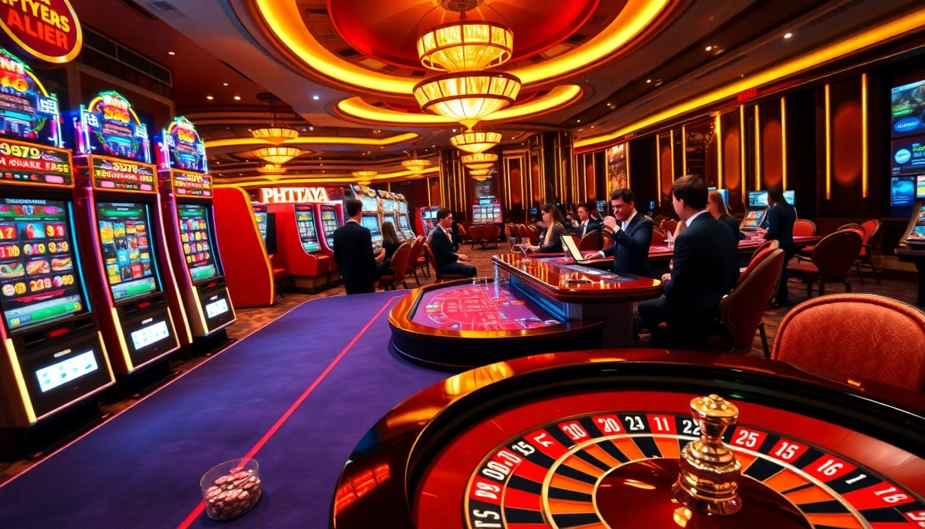PHTAYA slot machines and poker tables with players engaged in casino excitement