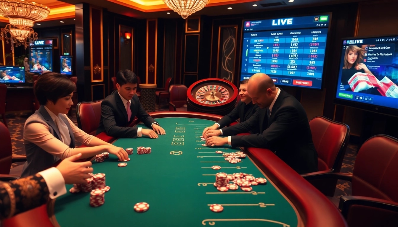 Exciting gambling scene featuring high-stakes poker players at top nhà cái table with vibrant casino chips.