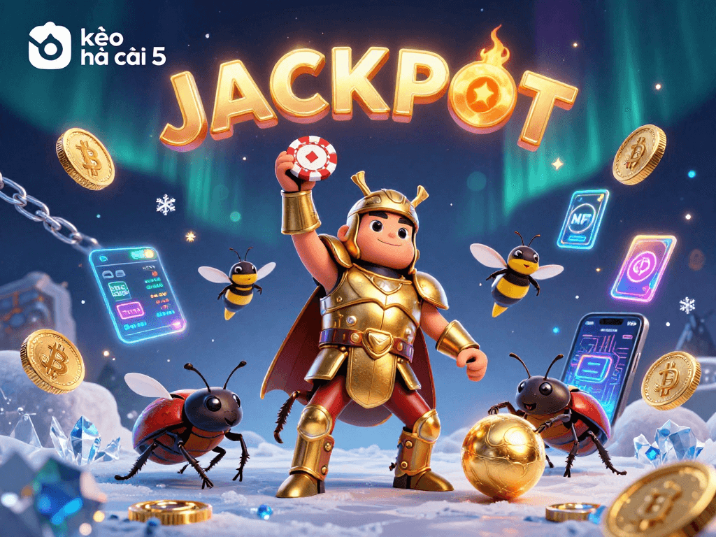 Experience thrilling wins with kèo nhà cái 5 in a dynamic 3D casino scene featuring courageous characters.