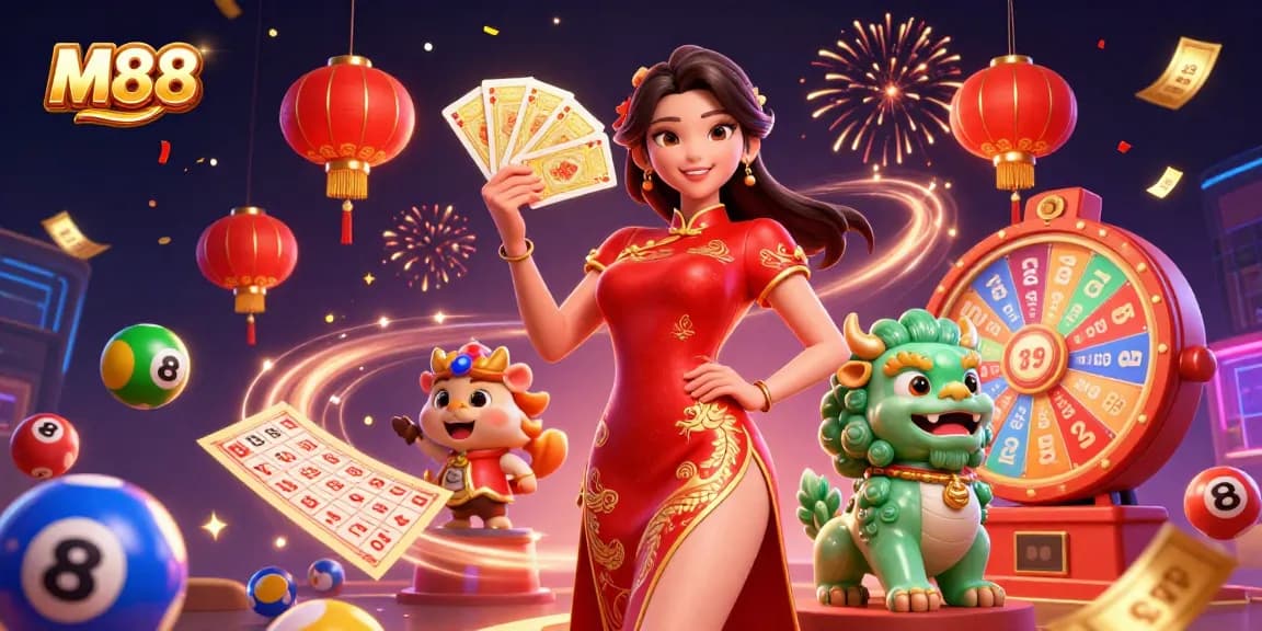 M88 platform offers thrilling gaming experiences with an elegant woman in traditional attire, surrounded by vibrant gambling elements.