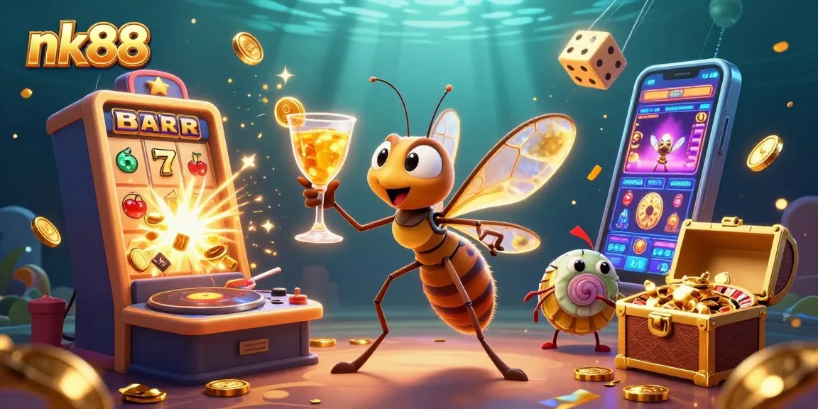 Experience the vibrant world of nk88 with a lively casino scene featuring animated characters and gaming elements.