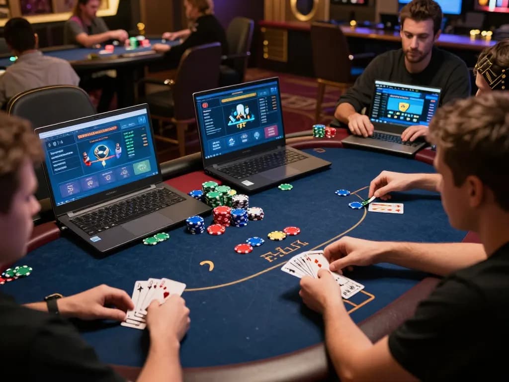 Players navigate intense poker games on 78winvina’s platform, showcasing vibrant chips and engaging hands.