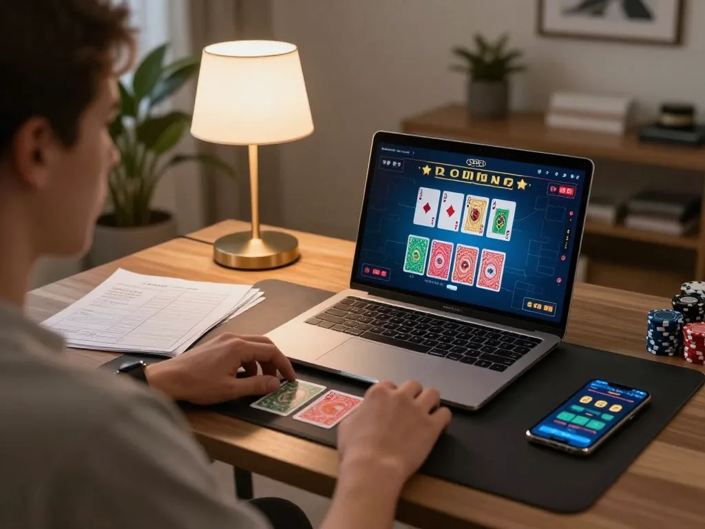 79king player engaging in online gambling with laptop and betting notes in cozy home office