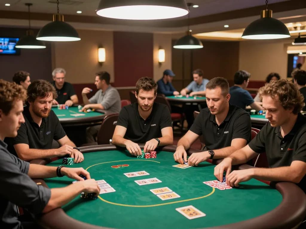 Players strategizing in a lively poker room at DU88, surrounded by vibrant decor and focused gameplay.