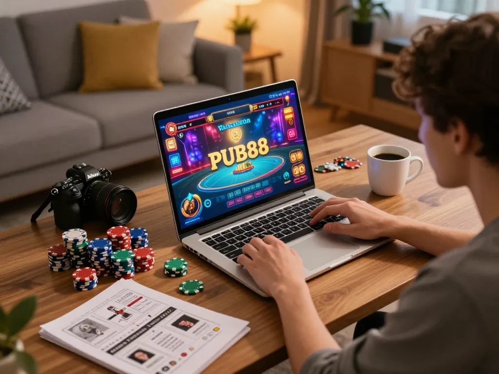 PUB88 player engaging with online casino games on a laptop in a cozy home setup
