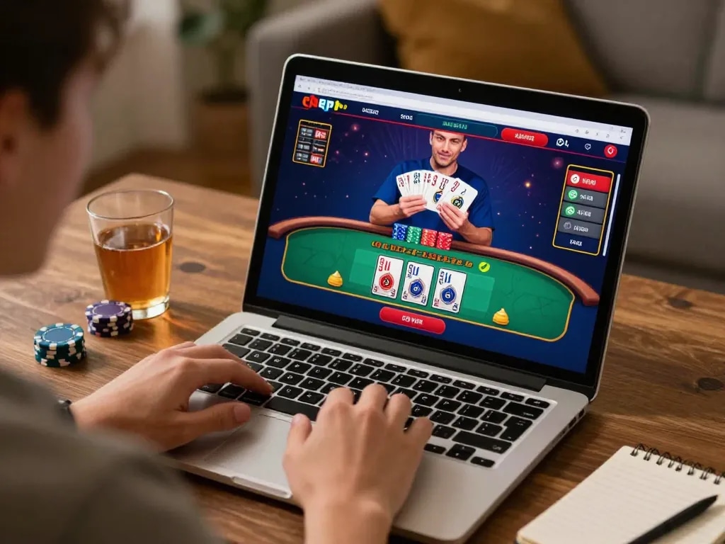 Player engaging with LLWIN online casino on laptop, showcasing exciting live dealer gaming experience.