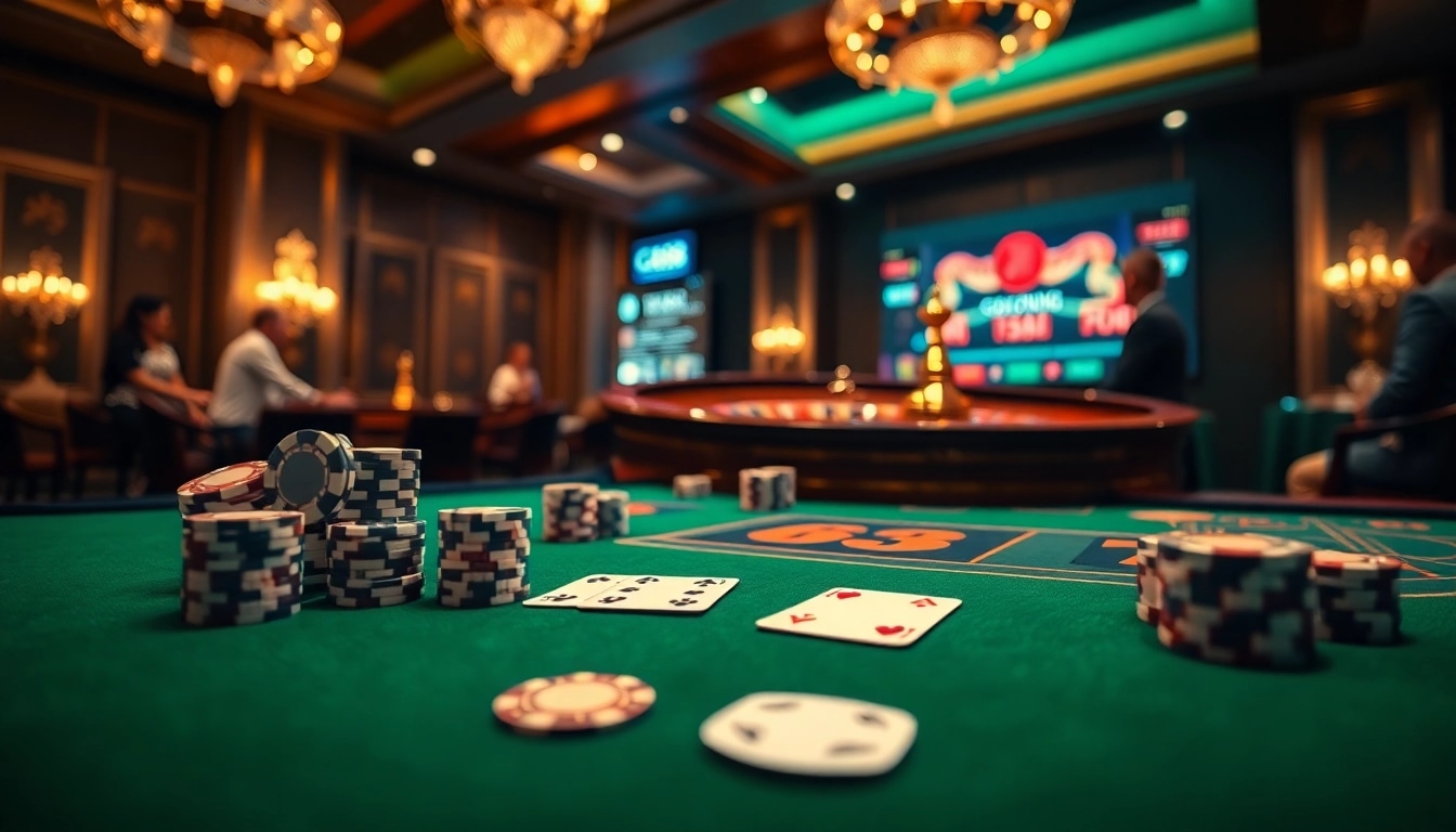 Winning big at a poker table with vibrant elements showcasing https://gg88.ltd/ for an exciting gambling experience.