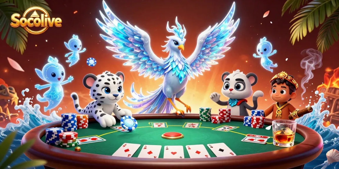 Socolive showcases a vibrant scene with an ice phoenix and snow leopard at a poker table, surrounded by colorful chips.