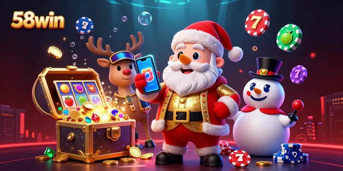 Join the excitement at 58win with Santa, reindeer, and snowman celebrating big wins in a vibrant casino.