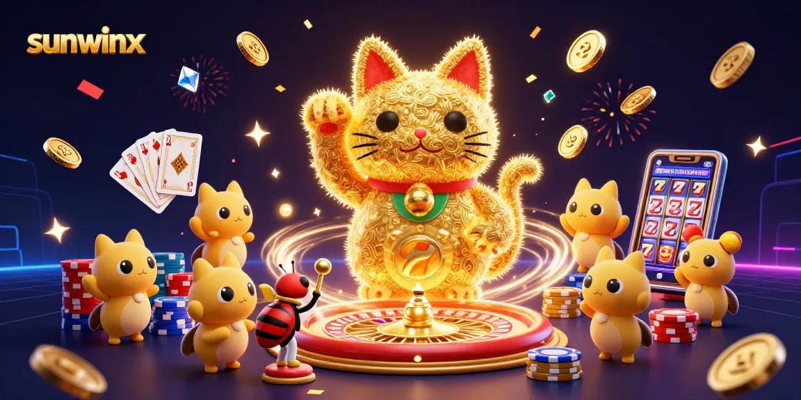Engage with sunwinx's dynamic gaming world featuring a lucky cat, coins, and cards.