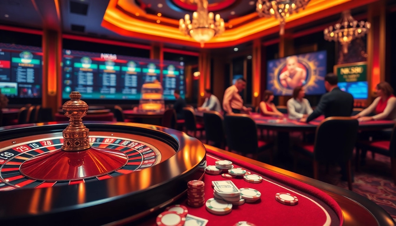 Experience the excitement of nk88 in a luxurious casino setting with roulette and poker tables.