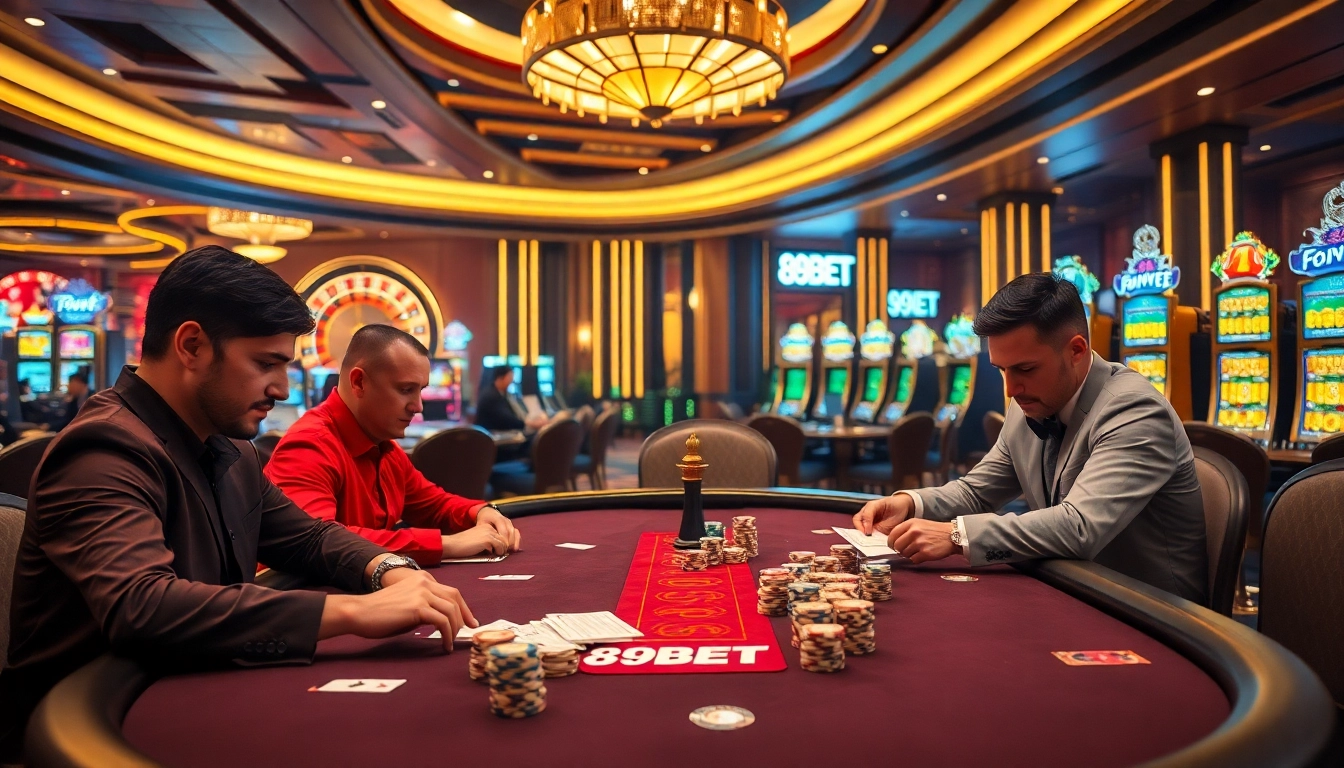 Experience the thrill of 89BET at a luxurious casino with poker and roulette action.