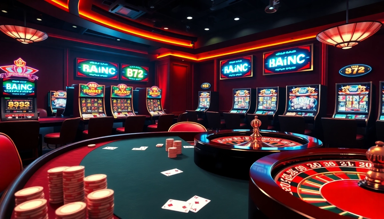 B52 platform showcases exciting poker gameplay, vibrant roulette wheel, and lavish casino setting.