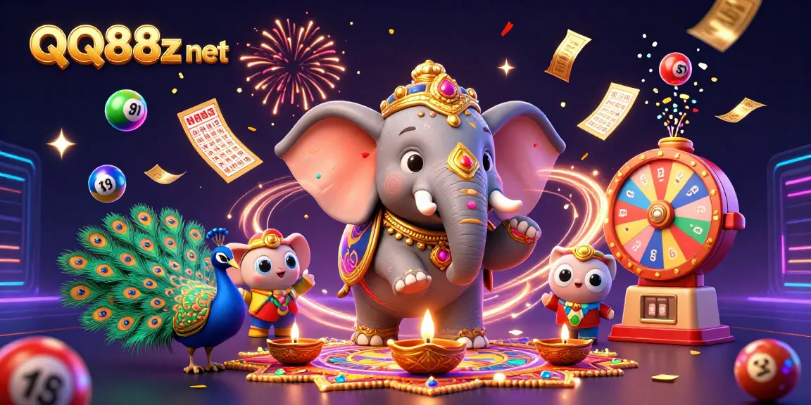 Experience excitement with QQ88z net's vibrant lottery scene featuring colorful elements and festive characters.